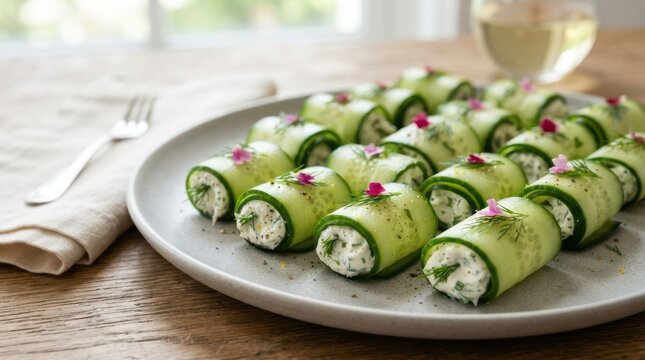Fresh cucumber rolls filled with creamy herb cheese and dill