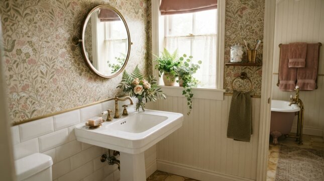 Charming vintage bathroom with floral wallpaper and pedestal sink