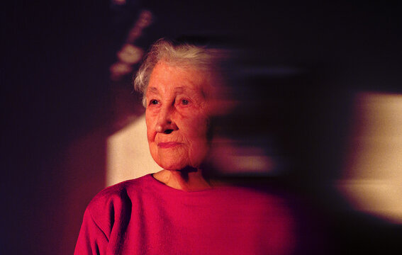 Head shot close up portrait of thoughtful senior woman worrying about personal health problems. . Art collage, design