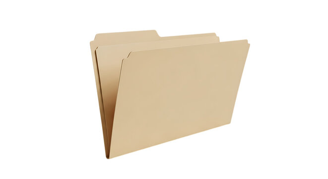 An open empty manila file folder made of light brown paper, positioned at an angle on a white background, useful for office and business organization isolated on a transparent background