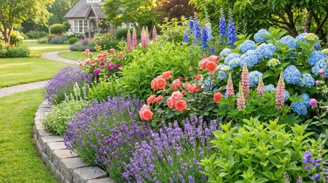 Vibrant flower garden with a winding path and stone border in bloom