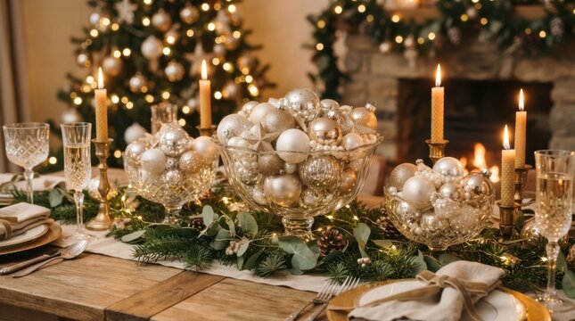 Elegant Christmas table setting with festive ornaments and warm fireplace glow