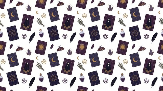Mystical tarot card seamless pattern, esoteric witchcraft background with moon and crystals, celestial occult wallpaper for fabric and wrapping paper