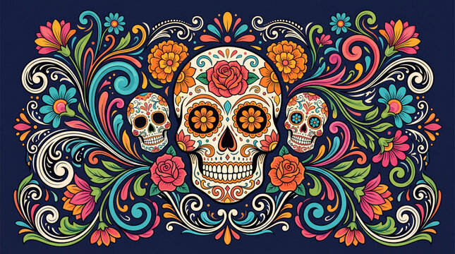 A vibrant illustration of decorative sugar skulls surrounded by intricate colorful floral patterns and swirls, celebrating the spirit of Dia de los Muertos.