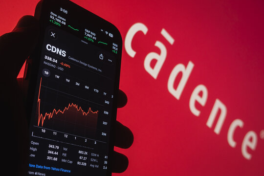 Raleigh, North Carolina - August 3rd, 2026: Hand holding smartphone displaying Cadence Design Systems stock chart and ticker with the logo in the background.