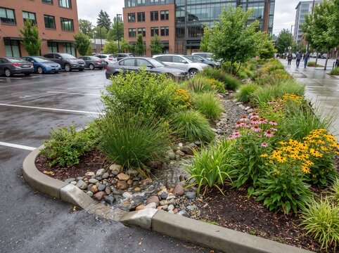 rain garden bioswale with native plants and rocks draining stormwater runoff next to a city parking lot