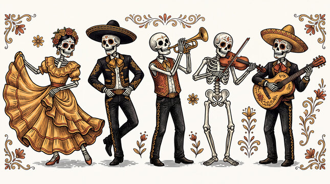A festive illustration of a Mexican Day of the Dead mariachi band and a female dancer, featuring skeletons dressed in traditional outfits and musical instruments.