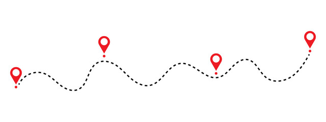 Dashed line path with red map location pins marking travel route points © Md