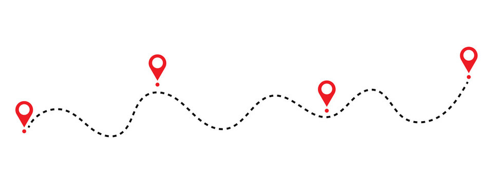 Dashed line path with red map location pins marking travel route points