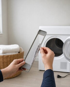 Hands removing lint from a dryer filter screen in a laundry room