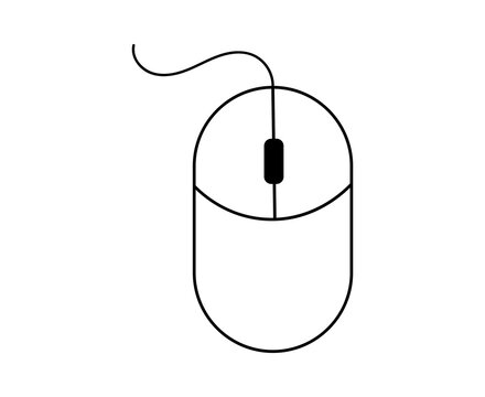 Black and white line icon of a computer mouse with a scroll wheel and a cord