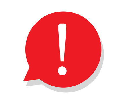 Red speech bubble icon with a white exclamation mark symbol for notification and alert design