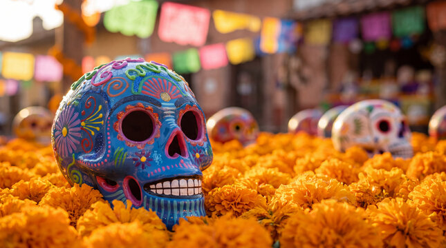 A vibrant blue sugar skull calavera rests among traditional orange cempasuchil marigold flowers for the Mexican Day of the Dead celebration, Dia de los Muertos.