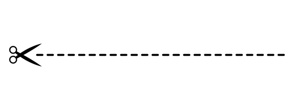 Black icon of scissors cutting along a dashed line on a simple page layout