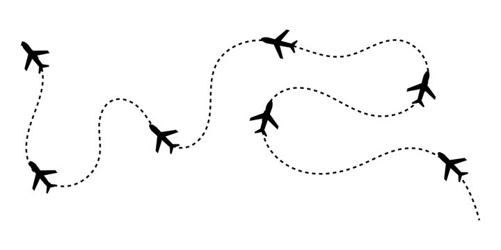 Black airplane icons with dotted flight path lines showing travel route and journey direction