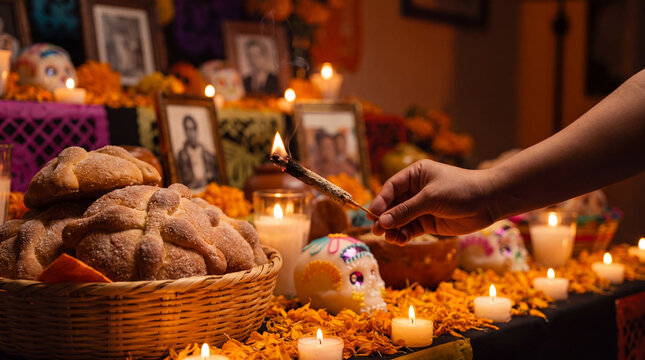 A person lighting copal incense on a traditional Dia de los Muertos altar, featuring pan de muerto, sugar skulls, candles, and marigold flowers.