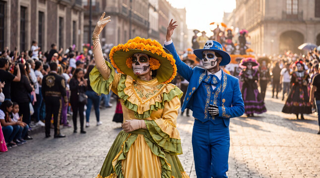 A man and woman dressed as La Catrina and El Catrin dancing during the colorful Day of the Dead parade in a historic street in Mexico City.