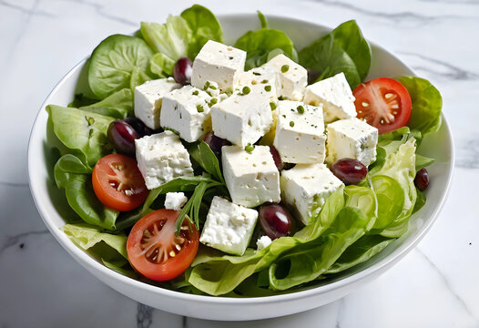 Fresh greek salad with feta cheese cubes, kalamata olives, and cherry tomatoes on a bed of mixed greens