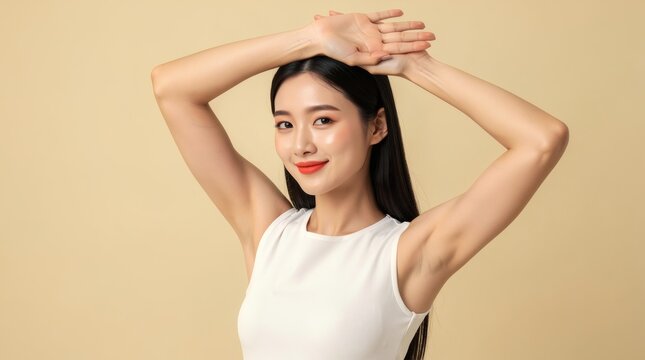 Model displays youthful underarm skin while posing gracefully with arms lifted above head.
