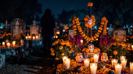 Fototapeta premium A serene night scene in a Mexican cemetery featuring a traditional Dia de los Muertos altar with colorful sugar skulls, marigold flowers, and glowing candles.