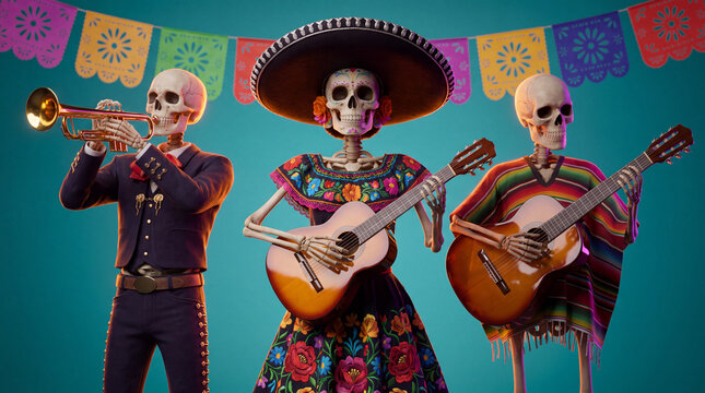 A trio of festive skeletons dressed as a traditional Mexican Mariachi band, playing music against a vibrant turquoise background with colorful papel picado.