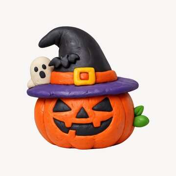 Clay pumpkin with witch hat and ghost, perfect for Halloween decor.