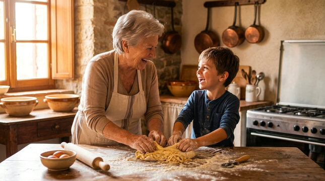 Grandmother Teaching Grandson to Make Homemade Pasta in Traditional Rustic Kitchen