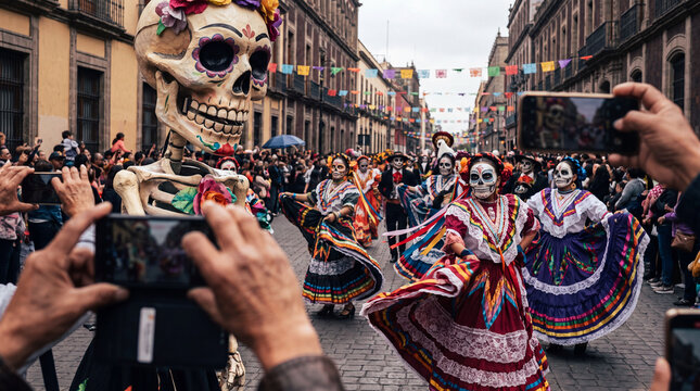 People filming a vibrant Dia de los Muertos parade in Mexico, featuring dancers in traditional Catrina makeup and colorful dresses alongside a giant skeleton.