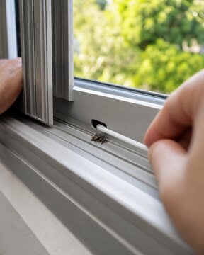 Person cleaning a dirty weep hole on an aluminum sliding window frame with a thin white cord