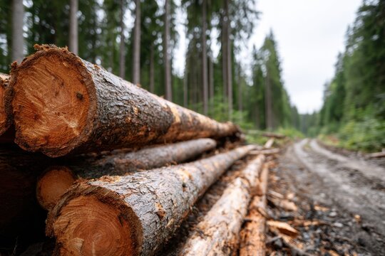 Freshly cut logs stacked beside a forest dirt road with tall evergreen trees fading into the misty distance in a serene woodland setting