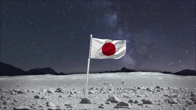 Japan national flag waving on the moon surface animation video