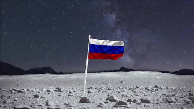 Russian flag waving on lunar landscape with starry night sky animation
