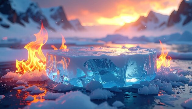 Melting ice block on fire in snowy landscape.