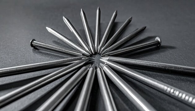 Metal nails arranged in a circle on dark surface.
