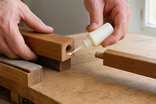 Hands applying wood glue to a dowel joint for furniture repair