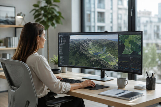 Geospatial analyst working independently at an ergonomic desk, ultrawide display showing a fictional terrain model, environmental layers and location-based data,