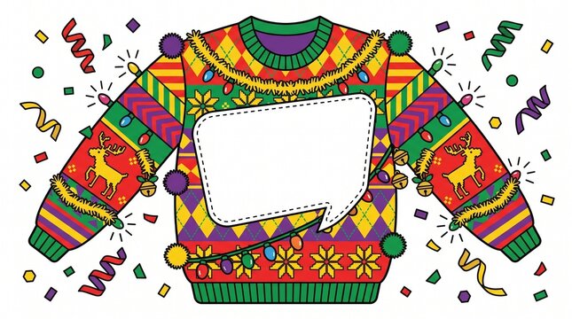 Colorful ugly Christmas sweater illustration with blank speech bubble, festive holiday jumper with reindeer and lights, winter party invitation template