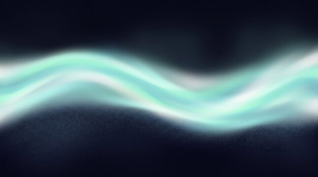 Ethereal glowing light wave on dark background, turquoise neon energy trail with grainy texture, abstract fluid motion smoke effect for digital wallpaper