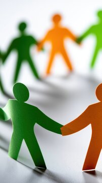 Paper cutout figures in green and orange holding hands in a circle casting shadows symbolizing unity teamwork and diversity on white background