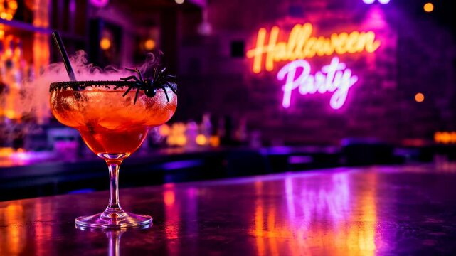 Orange Halloween drink with a spider garnish and rising vapor on a bar counter, framed by colorful neon party lights.