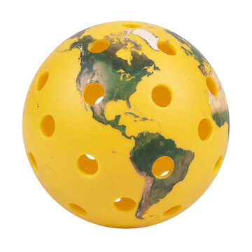 Isolated yellow pickleball ball made out of a world globe to show the worldwide interest in the sport