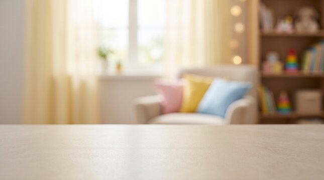 Empty wooden table top with blurred cozy living room background for product display