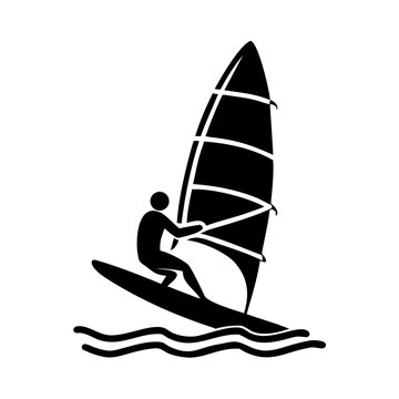 Dynamic windsurfer silhouette, rides ocean waves, harnesses wind for exhilarating watersport. Active person navigates windsurfer, enjoys extreme sport recreation.