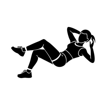Strong silhouette of woman bicycle crunches, demonstrating an effective abdominal core exercise as part of a rigorous fitness routine. Dynamic woman bicycle crunches activate oblique muscles.