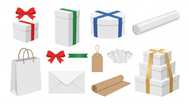 White gift box mockup collection with colorful ribbons, blank shopping bag and mailing envelope, 12 packaging elements for retail branding and holiday presents