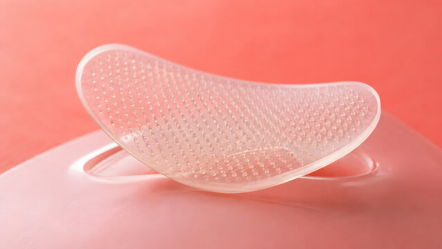 Curved microneedle under eye patch shown in macro detail on a coral pedestal, highlighting its transparent microarray texture.