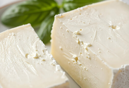 Fresh white cheese block with a creamy texture and green basil leaves in the background, dairy product, this dairy product is a versatile ingredient for cooking and gourmet cuisine