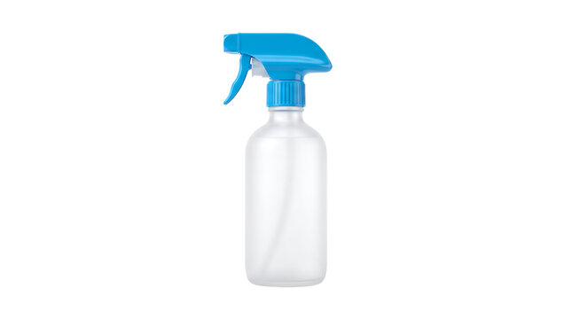 Empty clear plastic spray bottle with a vibrant blue trigger and nozzle, isolated on a white background.