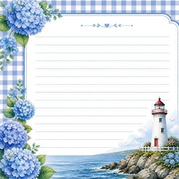 Lighthouse by the sea with blue hydrangeas and lined paper

