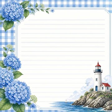 Stationery design with hydrangea and lighthouse border